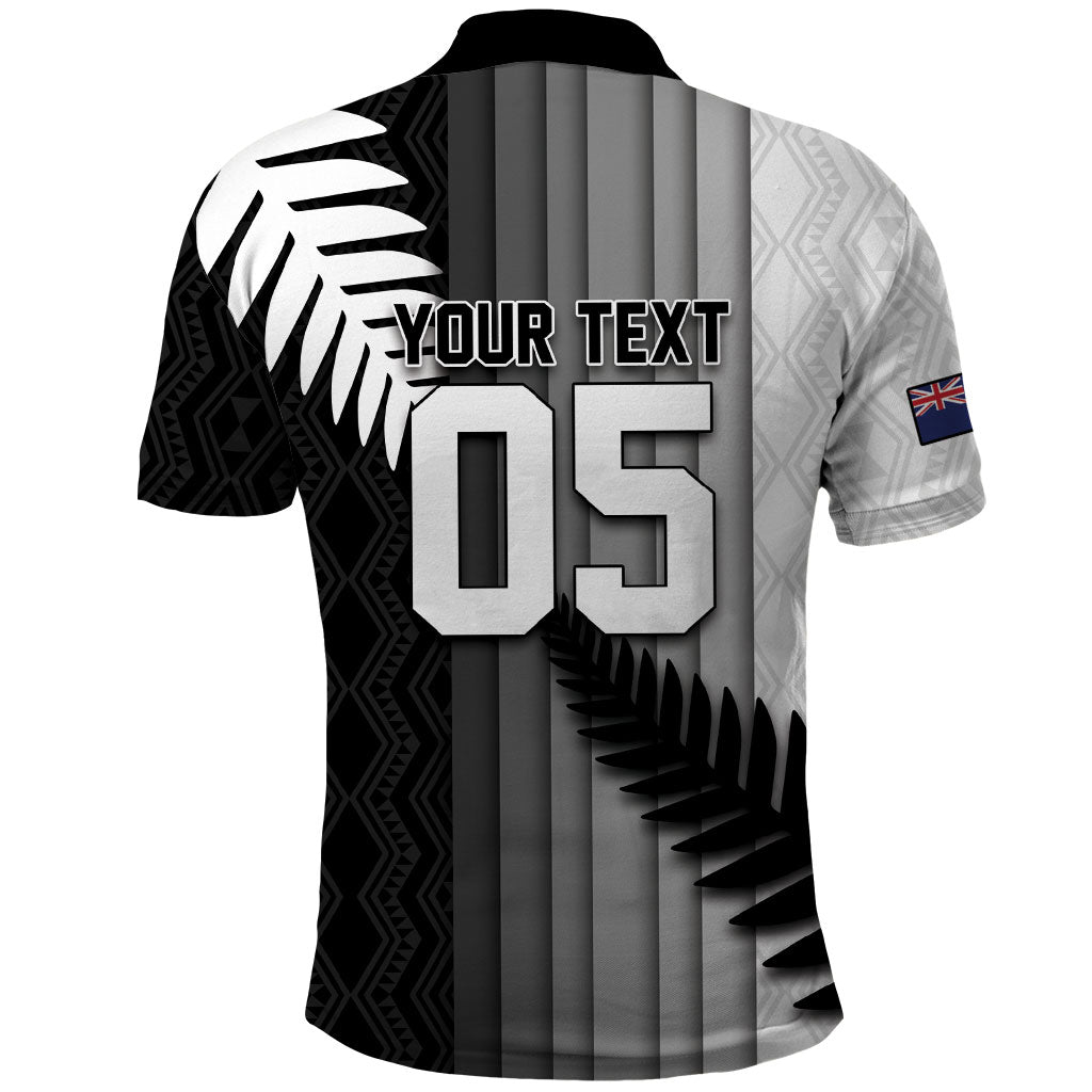 Custom New Zealand Football Polo Shirt Silver Fern Maori Pattern Monochrome