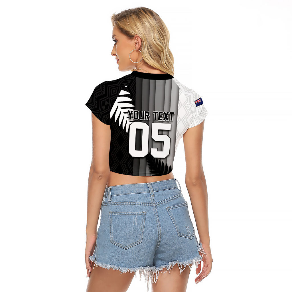 Custom New Zealand Football Raglan Cropped T Shirt Silver Fern Maori Pattern Monochrome