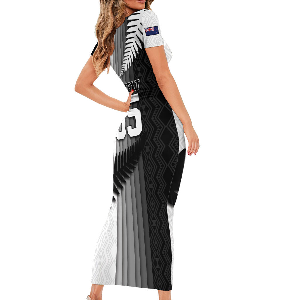 Custom New Zealand Football Short Sleeve Bodycon Dress Silver Fern Maori Pattern Monochrome