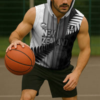 Custom New Zealand Football Sleeveless Zip Hoodie Silver Fern Maori Pattern Monochrome