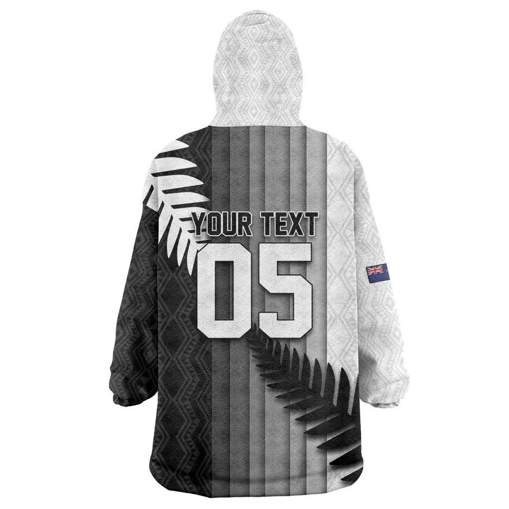 Custom New Zealand Football Wearable Blanket Hoodie Silver Fern Maori Pattern Monochrome
