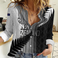 Custom New Zealand Football Women Casual Shirt Silver Fern Maori Pattern Monochrome DT05 Female White - Polynesian Pride