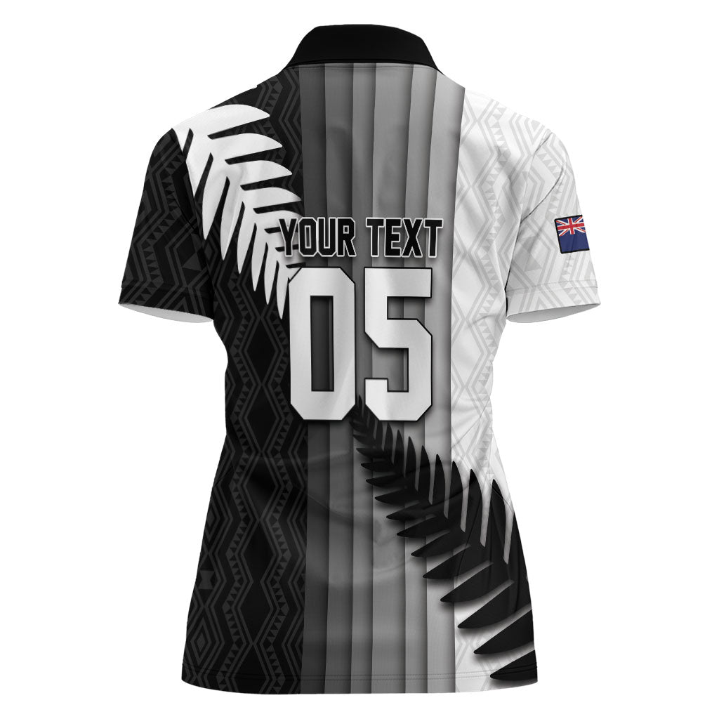 Custom New Zealand Football Women Polo Shirt Silver Fern Maori Pattern Monochrome DT05 - Polynesian Pride