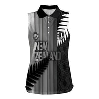 Custom New Zealand Football Women Sleeveless Polo Shirt Silver Fern Maori Pattern Monochrome DT05 Female White - Polynesian Pride