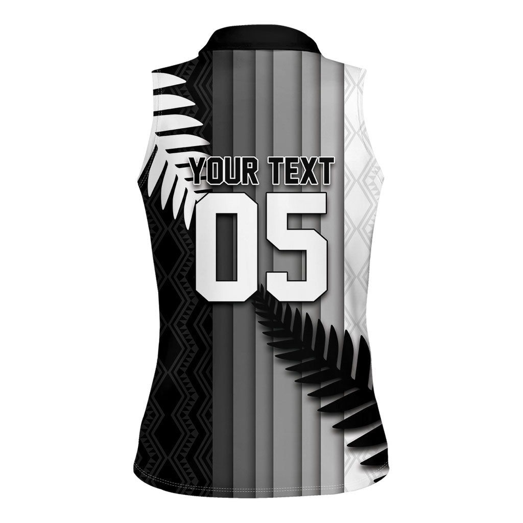 Custom New Zealand Football Women Sleeveless Polo Shirt Silver Fern Maori Pattern Monochrome DT05 - Polynesian Pride
