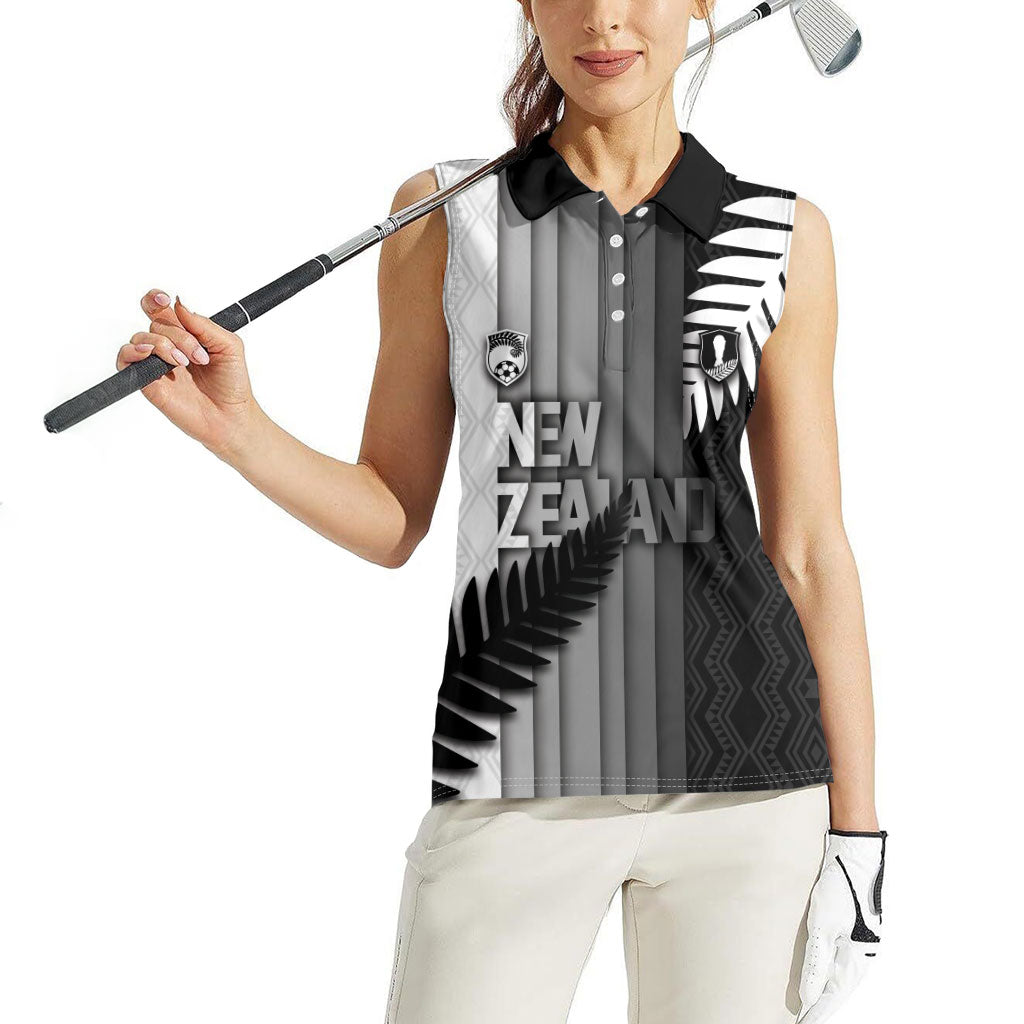 Custom New Zealand Football Women Sleeveless Polo Shirt Silver Fern Maori Pattern Monochrome DT05 - Polynesian Pride