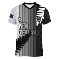 Custom New Zealand Football Women V-Neck T-Shirt Silver Fern Maori Pattern Monochrome DT05 Female White - Polynesian Pride
