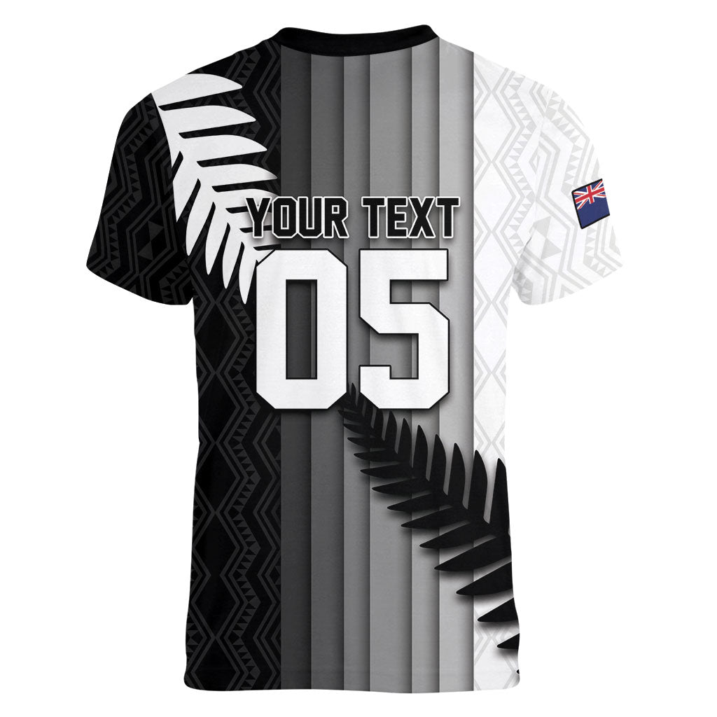 Custom New Zealand Football Women V-Neck T-Shirt Silver Fern Maori Pattern Monochrome DT05 - Polynesian Pride