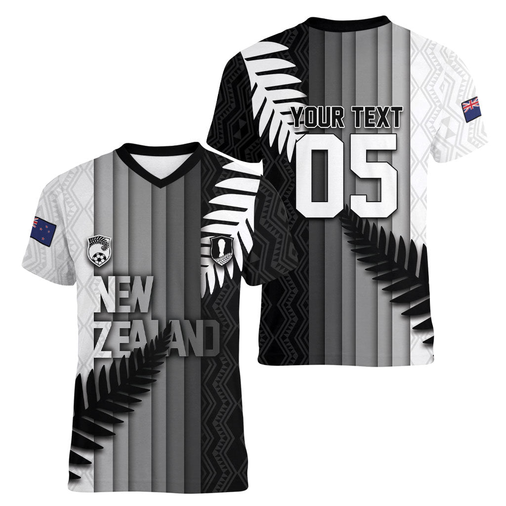 Custom New Zealand Football Women V-Neck T-Shirt Silver Fern Maori Pattern Monochrome DT05 - Polynesian Pride