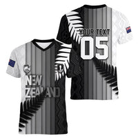 Custom New Zealand Football Women V-Neck T-Shirt Silver Fern Maori Pattern Monochrome DT05 - Polynesian Pride