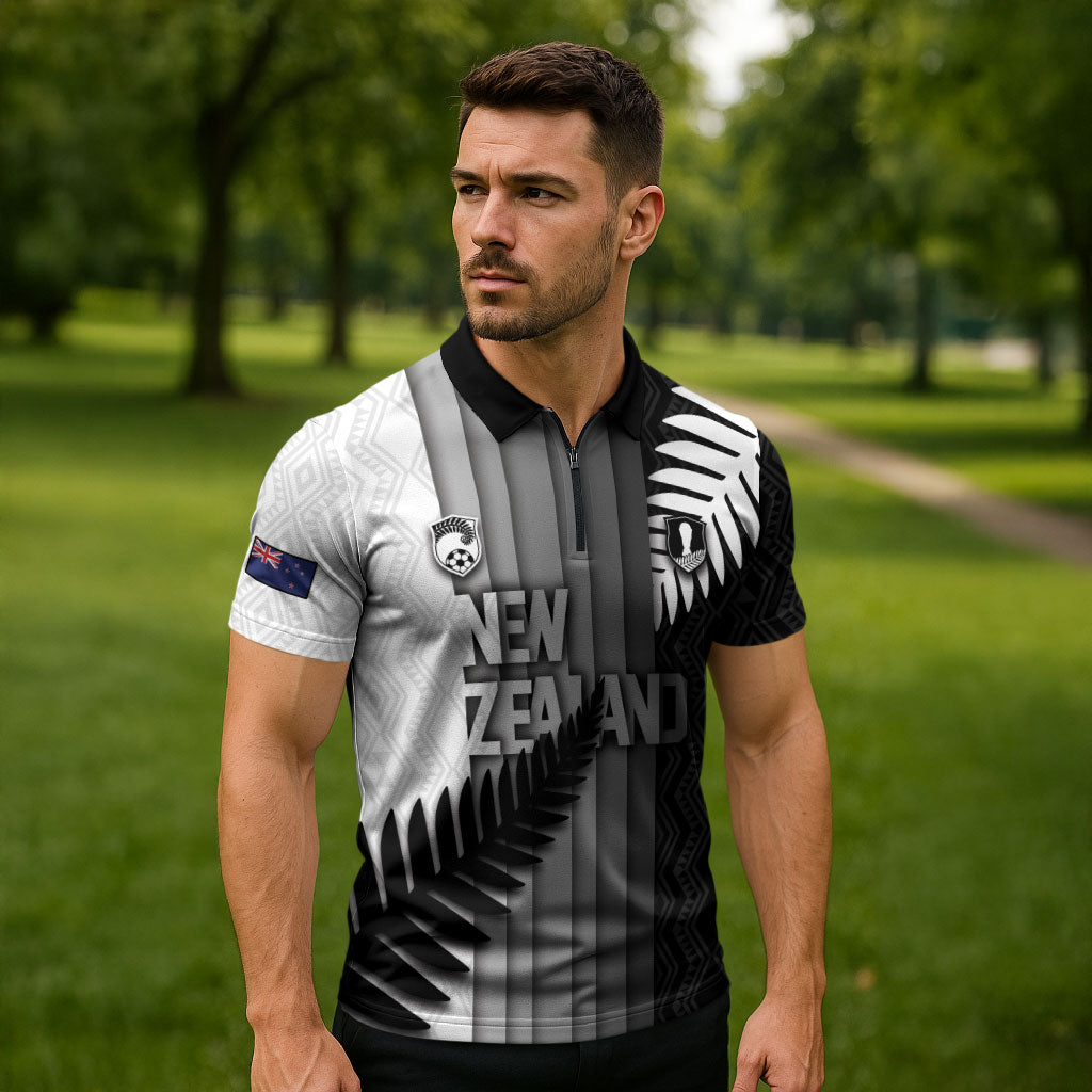 Custom New Zealand Football Zipper Polo Shirt Silver Fern Maori Pattern Monochrome