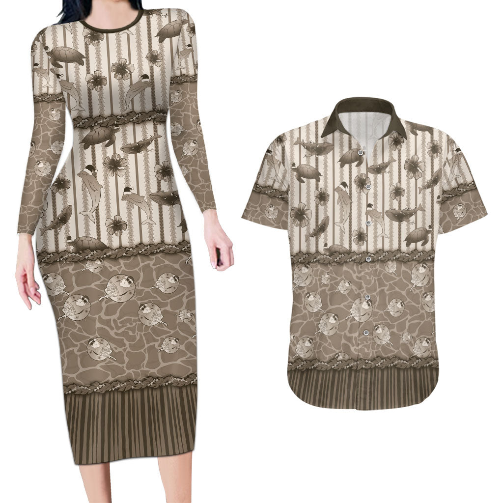 Hawaii Christmas In July Couples Matching Long Sleeve Bodycon Dress and Hawaiian Shirt Beige Mele Kalikimaka Sea Animals DT05 Beige - Polynesian Pride