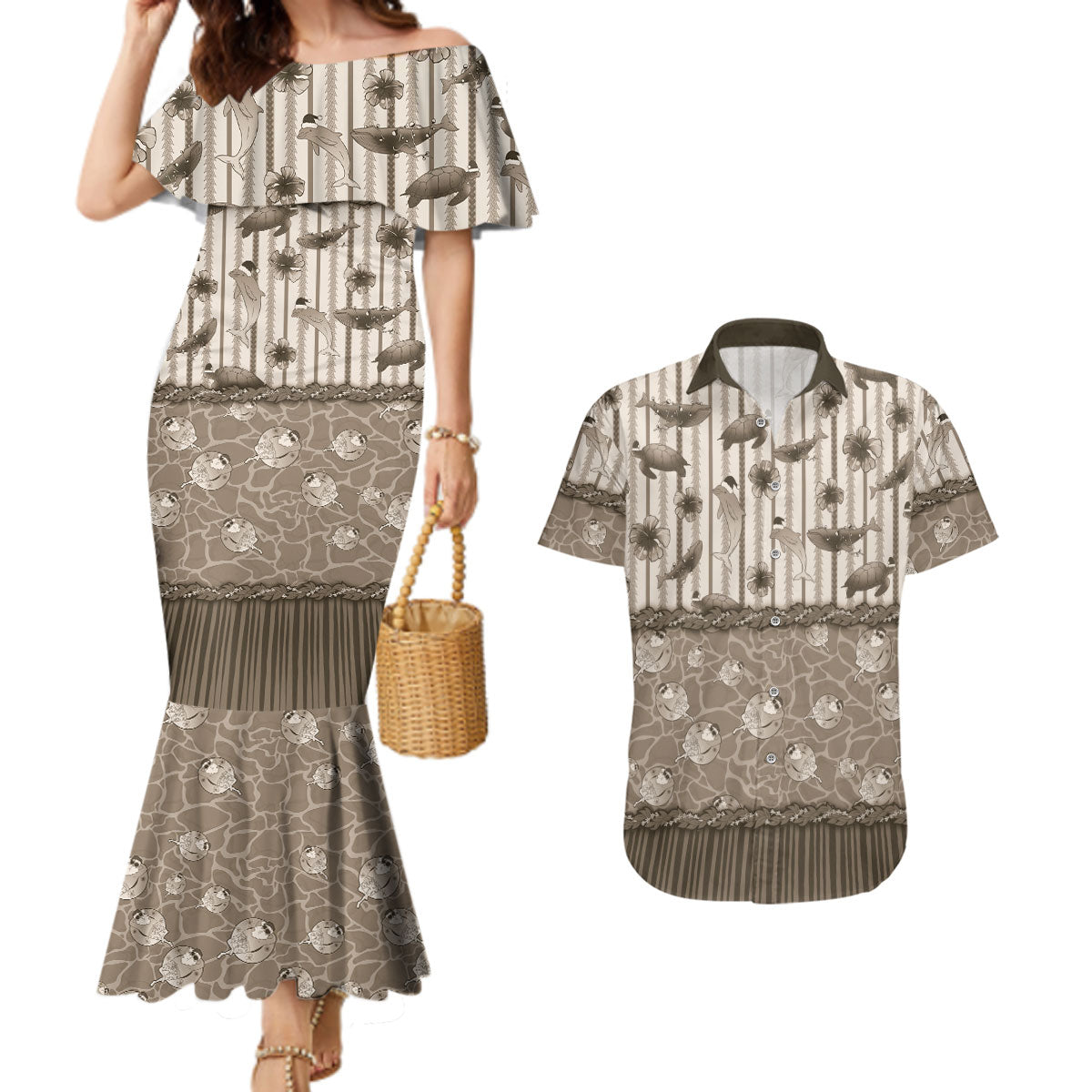 Hawaii Christmas In July Couples Matching Mermaid Dress and Hawaiian Shirt Beige Mele Kalikimaka Sea Animals DT05 Beige - Polynesian Pride