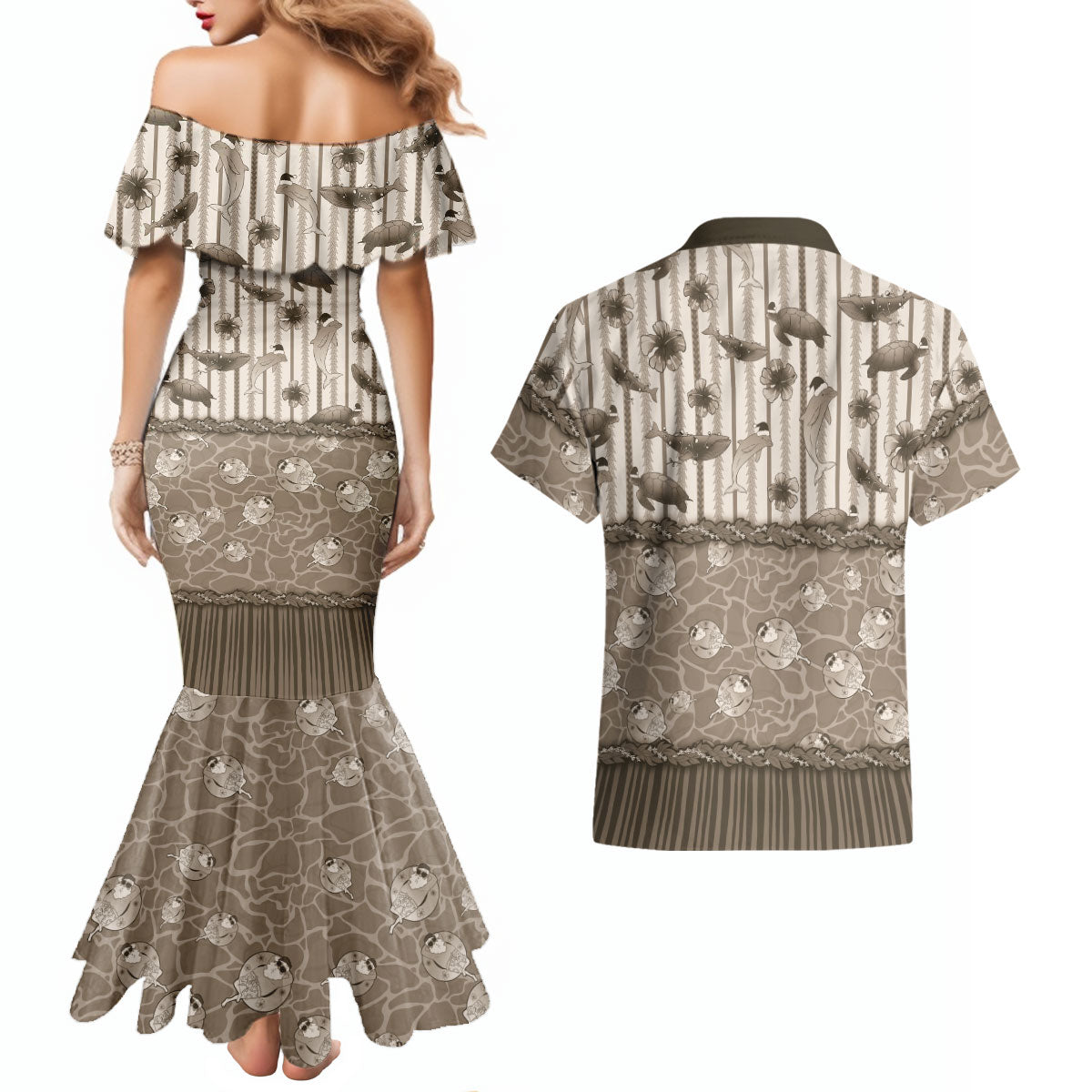 Hawaii Christmas In July Couples Matching Mermaid Dress and Hawaiian Shirt Beige Mele Kalikimaka Sea Animals DT05 - Polynesian Pride
