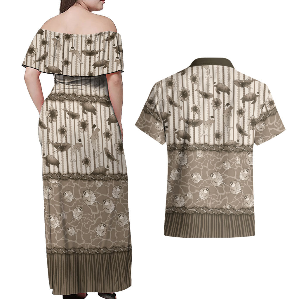 Hawaii Christmas In July Couples Matching Off Shoulder Maxi Dress and Hawaiian Shirt Beige Mele Kalikimaka Sea Animals DT05 - Polynesian Pride