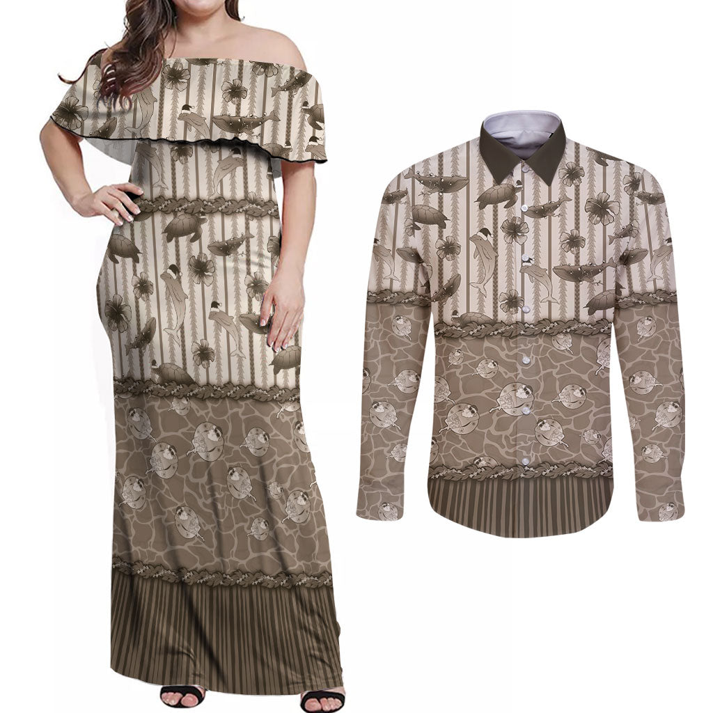 Hawaii Christmas In July Couples Matching Off Shoulder Maxi Dress and Long Sleeve Button Shirt Beige Mele Kalikimaka Sea Animals