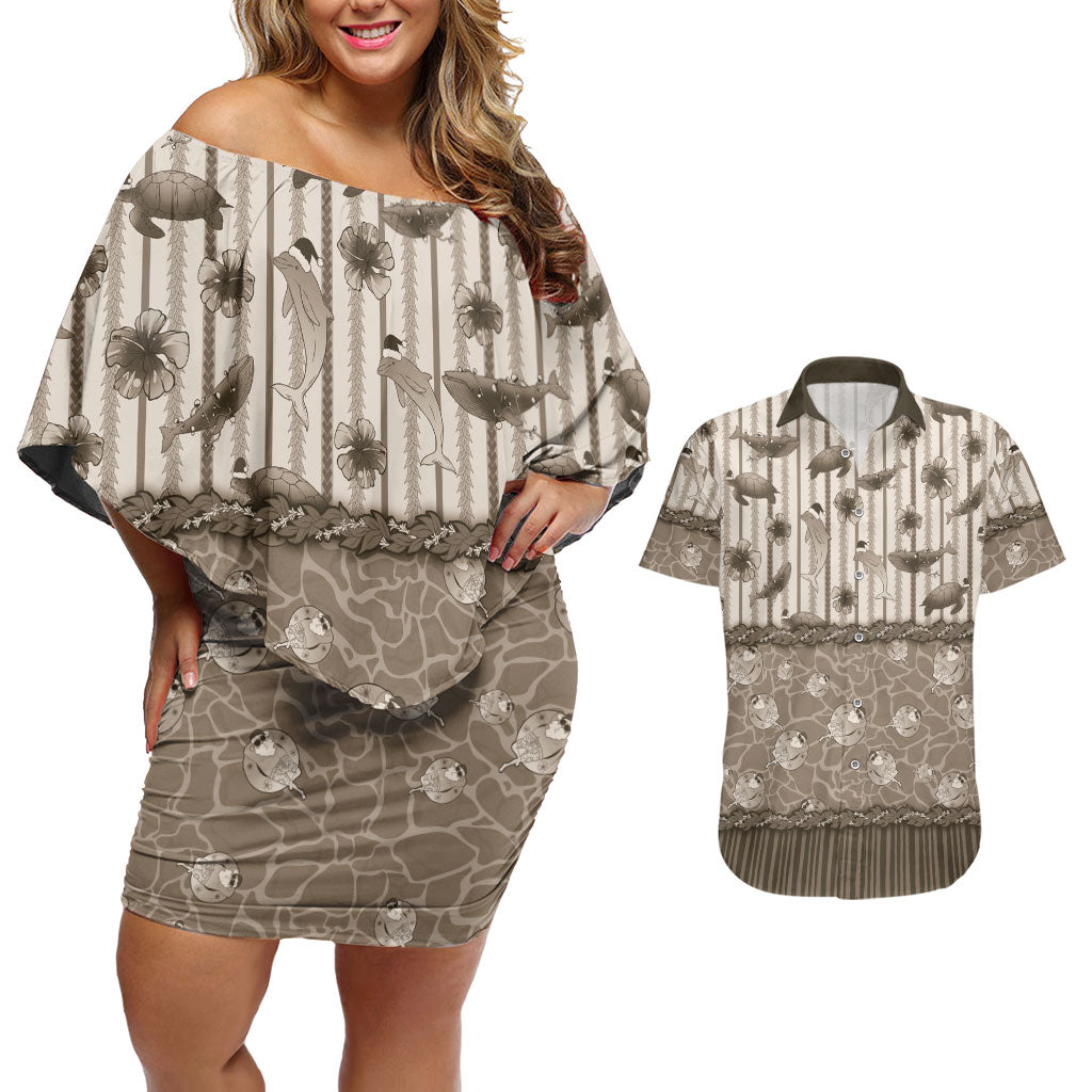 Hawaii Christmas In July Couples Matching Off Shoulder Short Dress and Hawaiian Shirt Beige Mele Kalikimaka Sea Animals DT05 Beige - Polynesian Pride