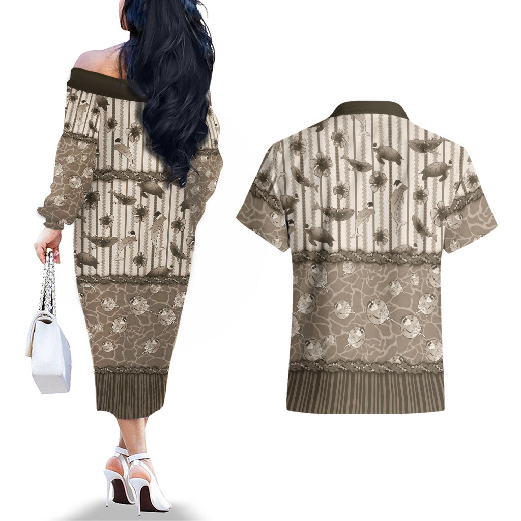 Hawaii Christmas In July Couples Matching Off The Shoulder Long Sleeve Dress and Hawaiian Shirt Beige Mele Kalikimaka Sea Animals DT05 - Polynesian Pride