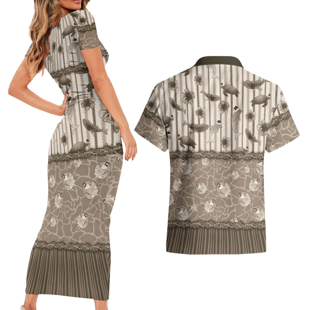 Hawaii Christmas In July Couples Matching Short Sleeve Bodycon Dress and Hawaiian Shirt Beige Mele Kalikimaka Sea Animals DT05 - Polynesian Pride