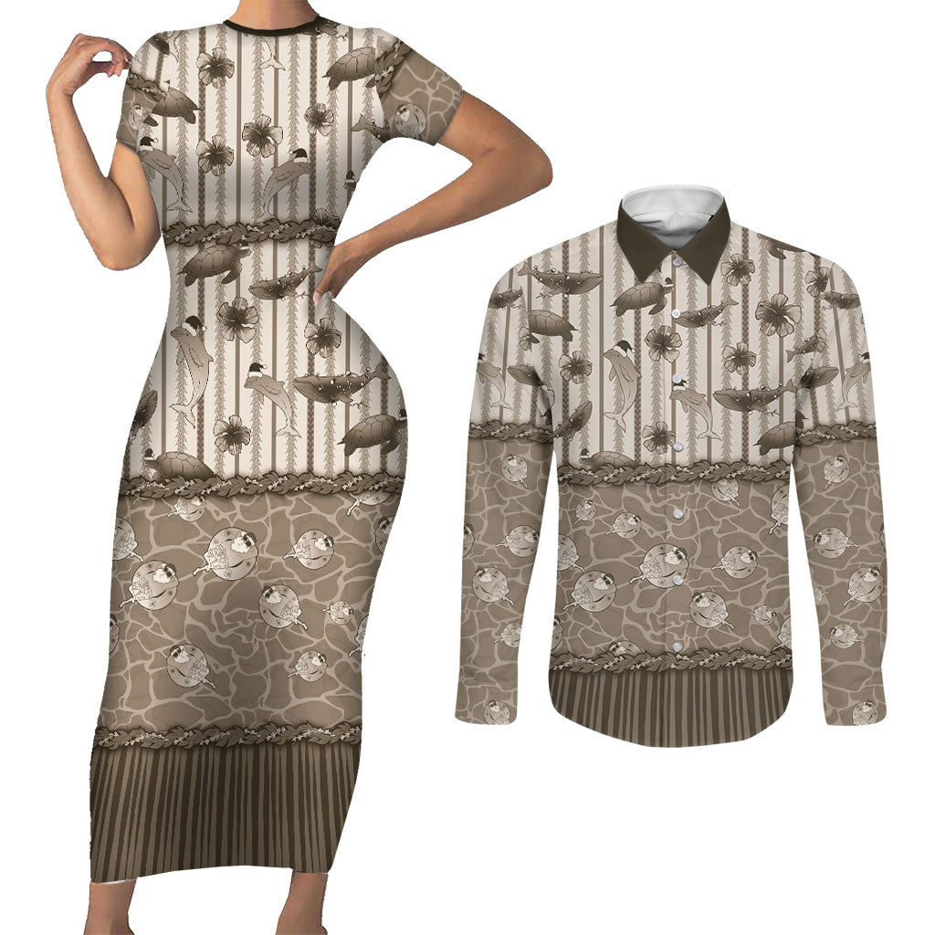 Hawaii Christmas In July Couples Matching Short Sleeve Bodycon Dress and Long Sleeve Button Shirt Beige Mele Kalikimaka Sea Animals DT05 Beige - Polynesian Pride