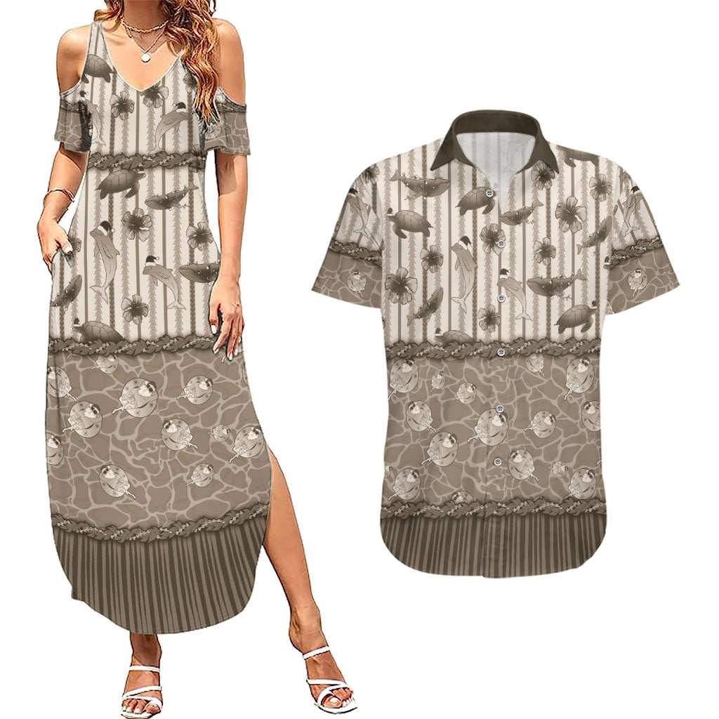 Hawaii Christmas In July Couples Matching Summer Maxi Dress and Hawaiian Shirt Beige Mele Kalikimaka Sea Animals DT05 Beige - Polynesian Pride