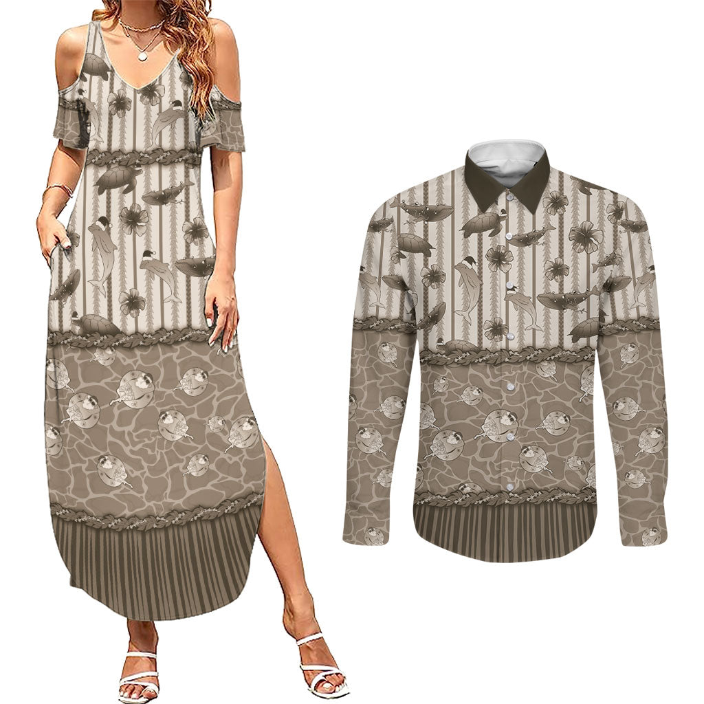 Hawaii Christmas In July Couples Matching Summer Maxi Dress and Long Sleeve Button Shirt Beige Mele Kalikimaka Sea Animals DT05 Beige - Polynesian Pride