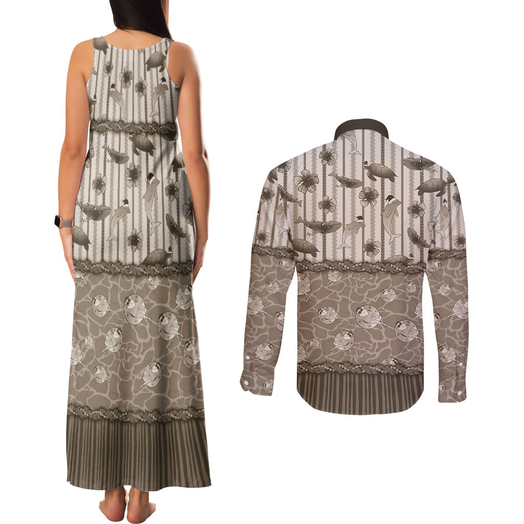 Hawaii Christmas In July Couples Matching Tank Maxi Dress and Long Sleeve Button Shirt Beige Mele Kalikimaka Sea Animals DT05 - Polynesian Pride