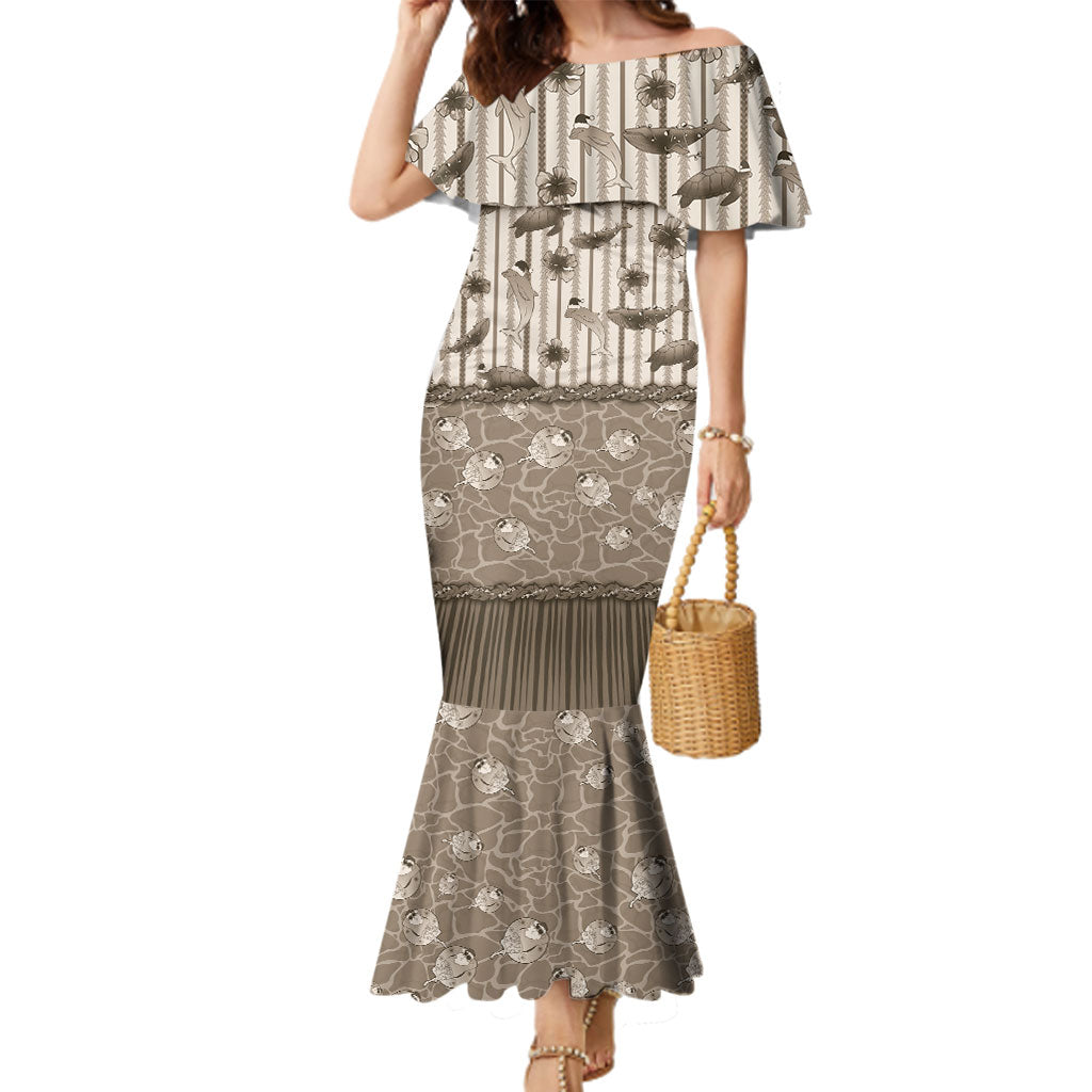 Hawaii Christmas In July Family Matching Mermaid Dress and Hawaiian Shirt Beige Mele Kalikimaka Sea Animals DT05 Mom's Dress Beige - Polynesian Pride