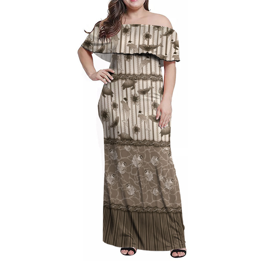 Hawaii Christmas In July Family Matching Off Shoulder Maxi Dress and Hawaiian Shirt Beige Mele Kalikimaka Sea Animals DT05 Mom's Dress Beige - Polynesian Pride