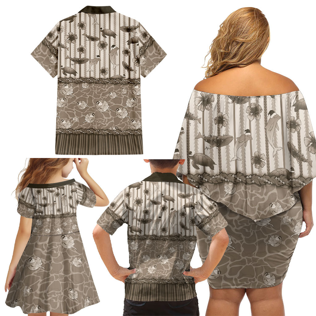 Hawaii Christmas In July Family Matching Off Shoulder Short Dress and Hawaiian Shirt Beige Mele Kalikimaka Sea Animals DT05 - Polynesian Pride