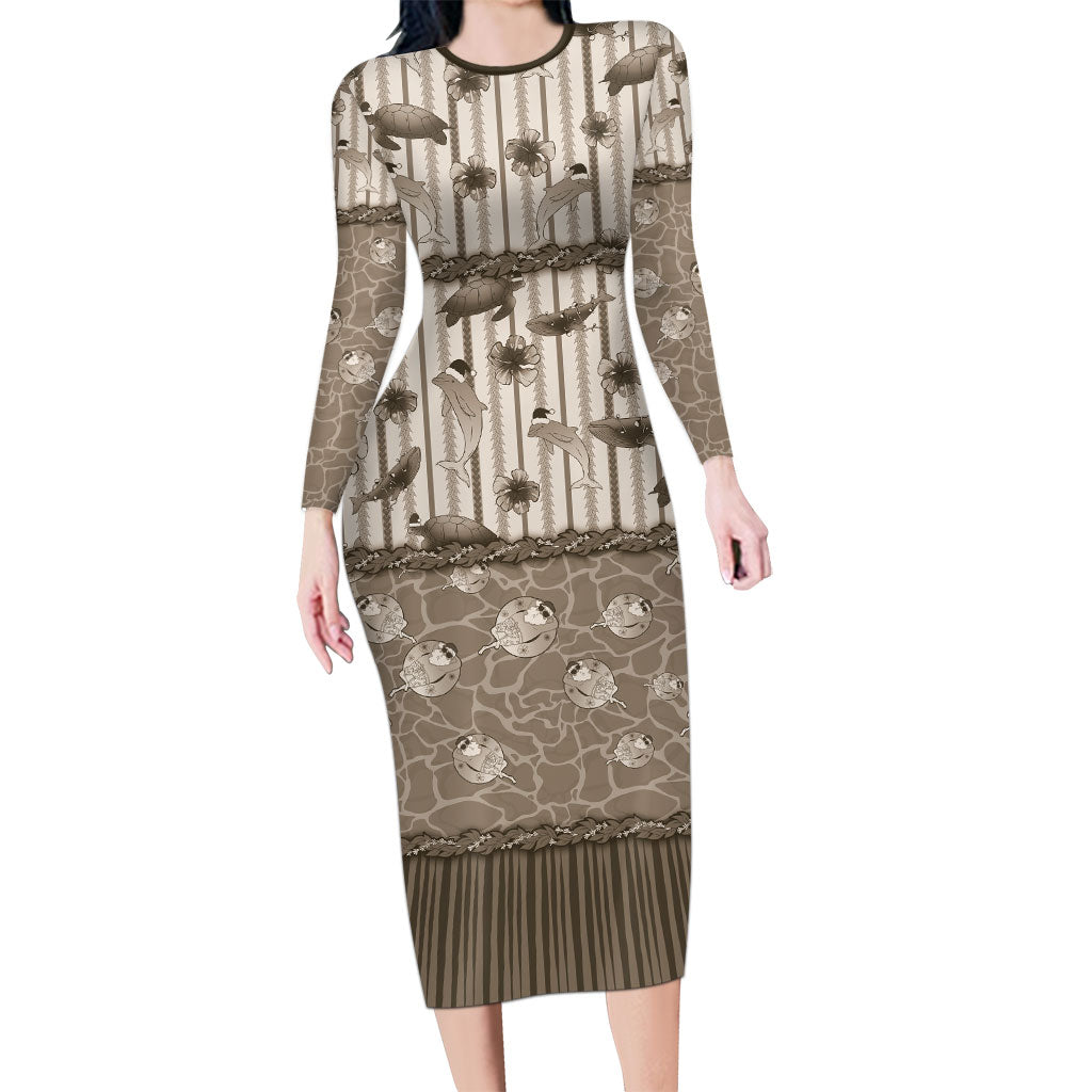 Hawaii Christmas In July Long Sleeve Bodycon Dress Beige Mele Kalikimaka Sea Animals