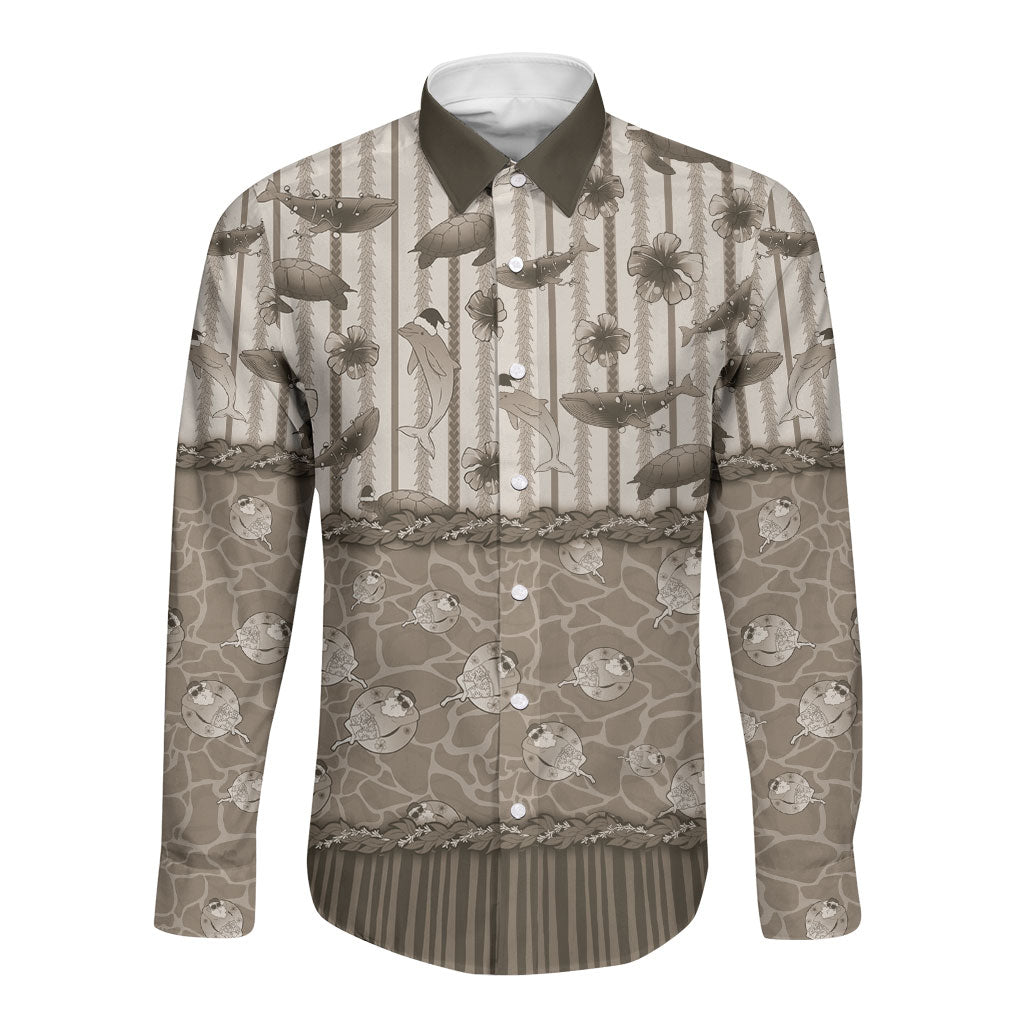 Hawaii Christmas In July Long Sleeve Button Shirt Beige Mele Kalikimaka Sea Animals DT05 Unisex Beige - Polynesian Pride