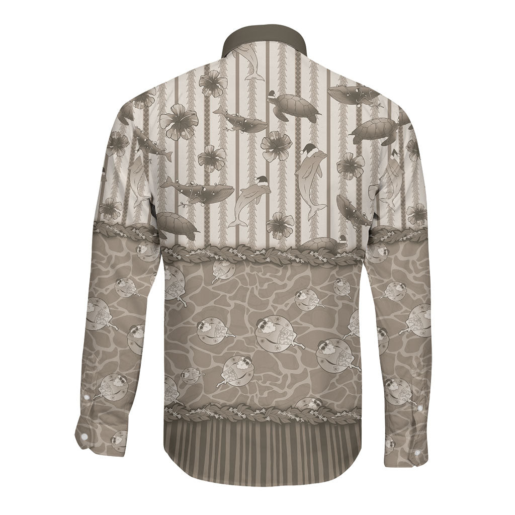 Hawaii Christmas In July Long Sleeve Button Shirt Beige Mele Kalikimaka Sea Animals DT05 - Polynesian Pride