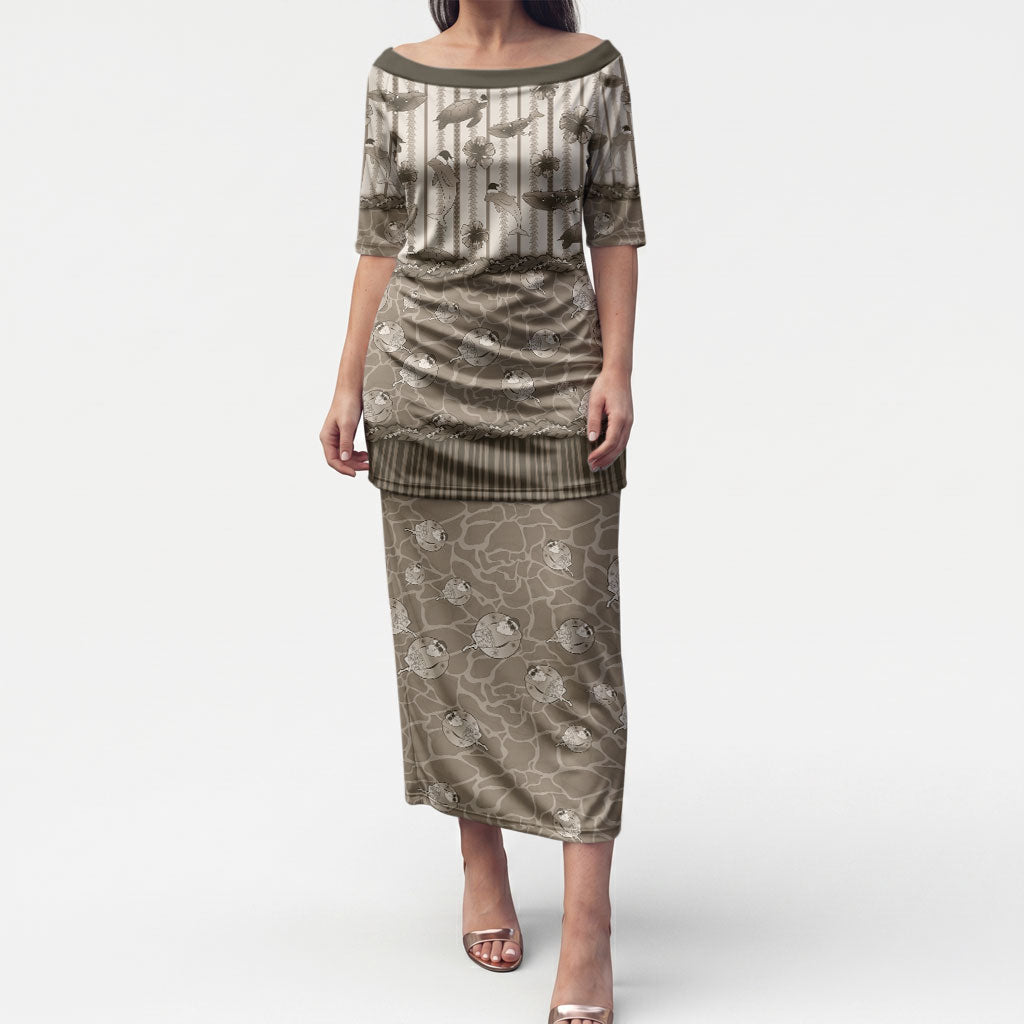 Hawaii Christmas In July Puletasi Beige Mele Kalikimaka Sea Animals DT05 Long Dress Beige - Polynesian Pride