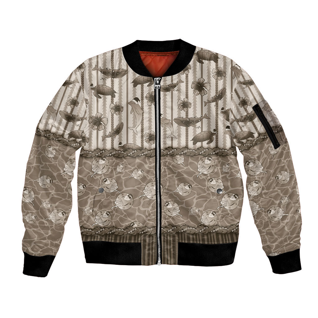 Hawaii Christmas In July Sleeve Zip Bomber Jacket Beige Mele Kalikimaka Sea Animals