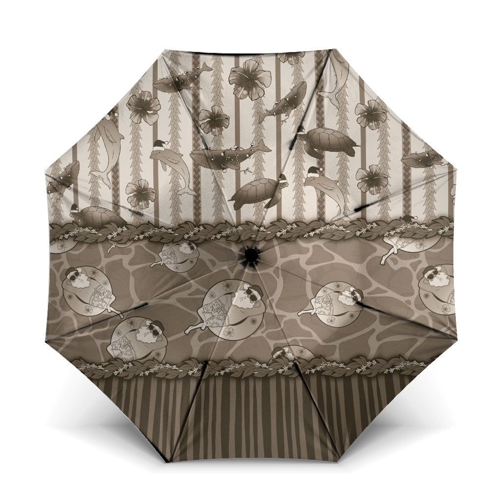 Hawaii Christmas In July Umbrella Beige Mele Kalikimaka Sea Animals DT05 One Size Folded 11.42 inch Opened Diameter 37.4 inch Beige - Polynesian Pride
