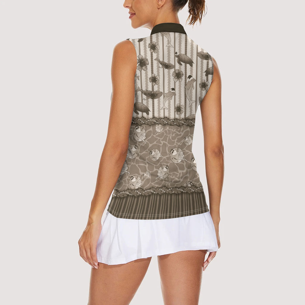 Hawaii Christmas In July Women Sleeveless Polo Shirt Beige Mele Kalikimaka Sea Animals DT05 - Polynesian Pride