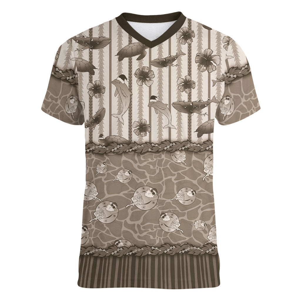 Hawaii Christmas In July Women V-Neck T-Shirt Beige Mele Kalikimaka Sea Animals DT05 Female Beige - Polynesian Pride