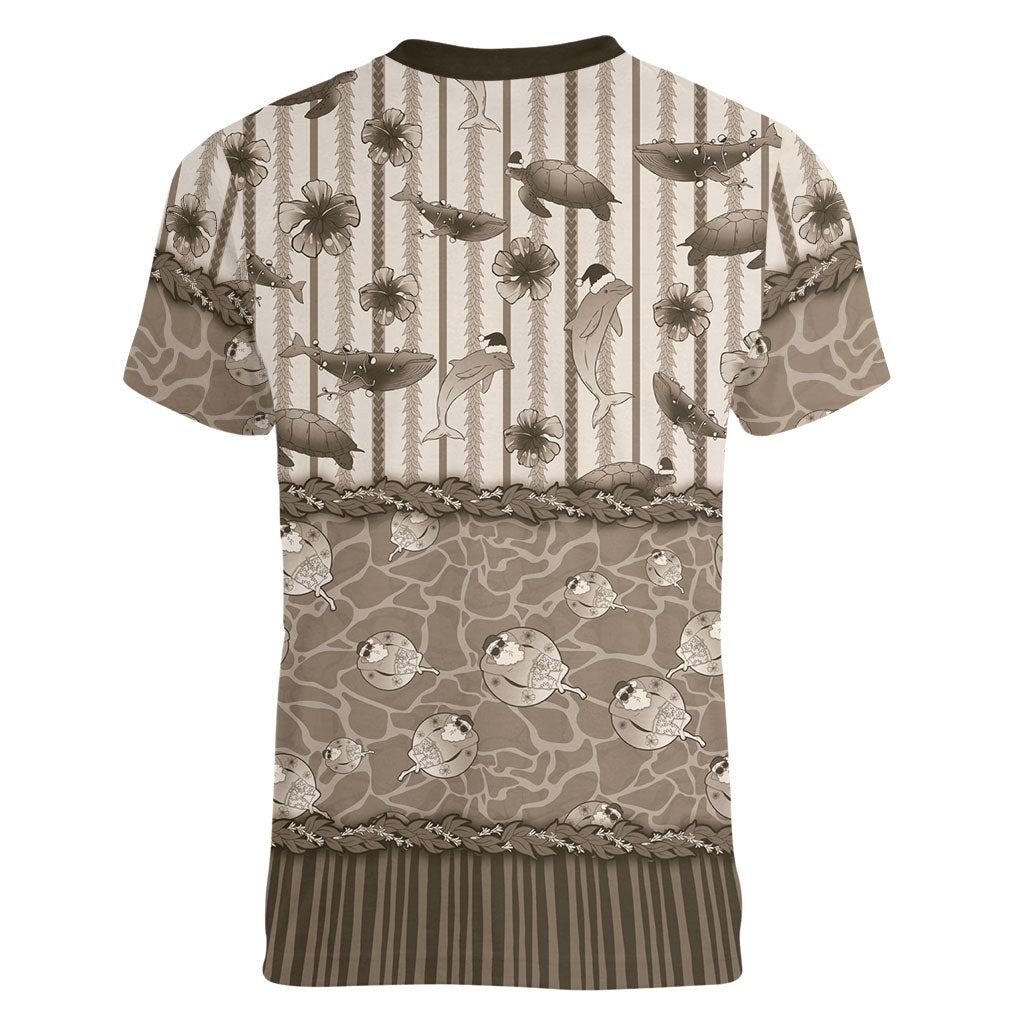 Hawaii Christmas In July Women V-Neck T-Shirt Beige Mele Kalikimaka Sea Animals DT05 - Polynesian Pride