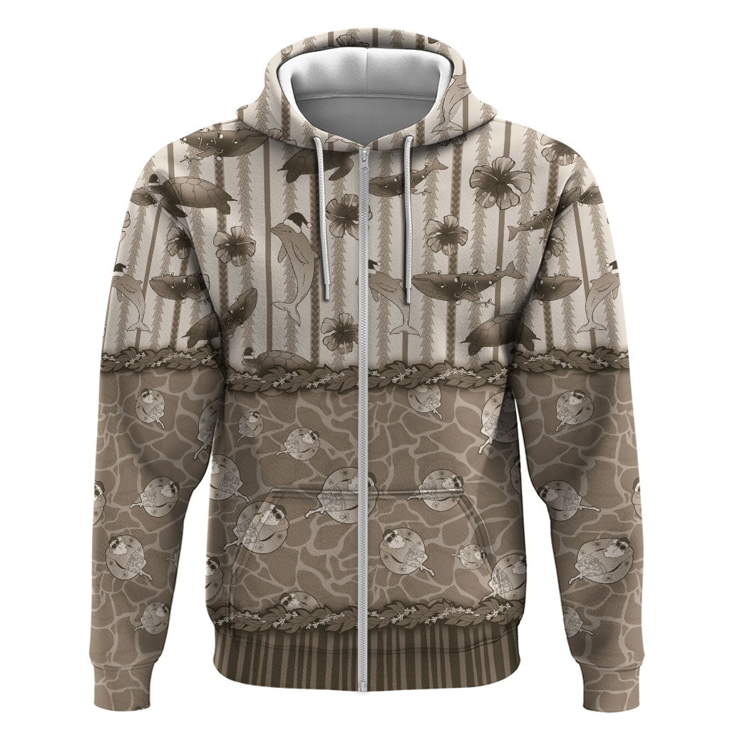 Hawaii Christmas In July Zip Hoodie Beige Mele Kalikimaka Sea Animals