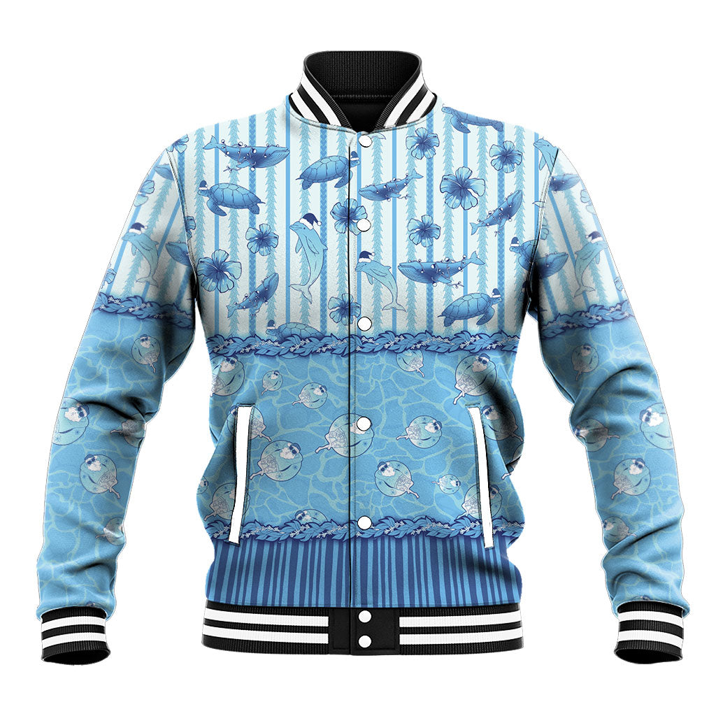 Hawaii Christmas In July Baseball Jacket Sky Blue Mele Kalikimaka Sea Animals