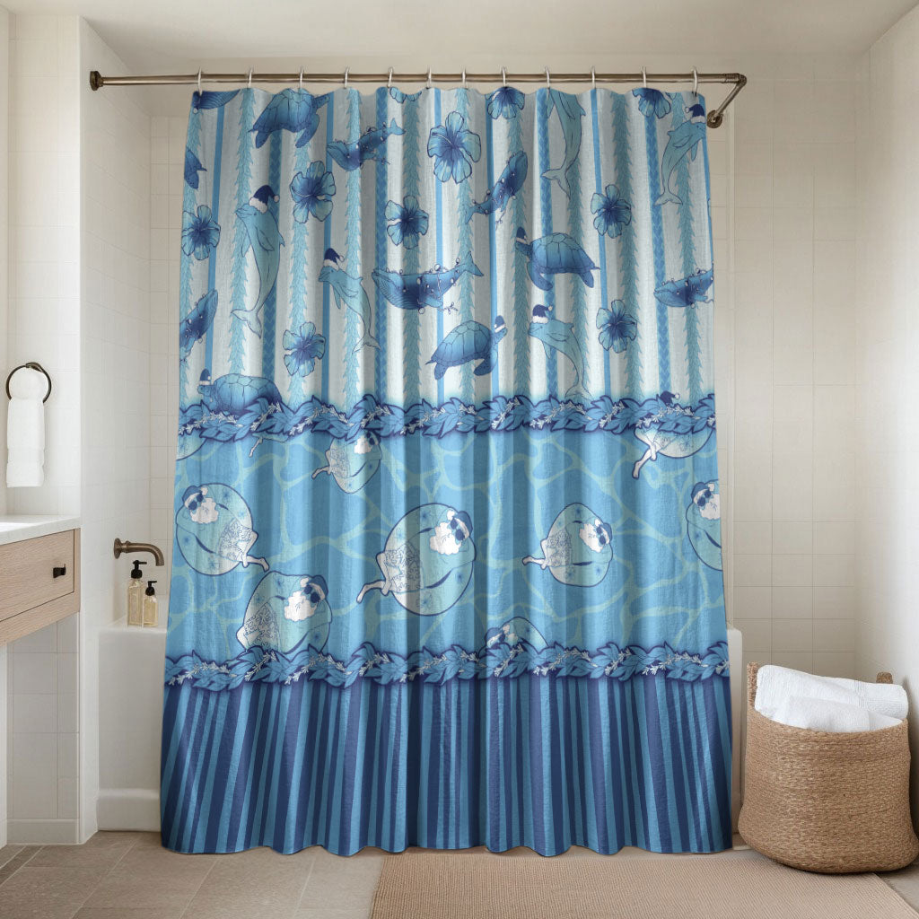 Hawaii Christmas In July Bathroom Set Sky Blue Mele Kalikimaka Sea Animals DT05 Shower Curtain Only Blue - Polynesian Pride