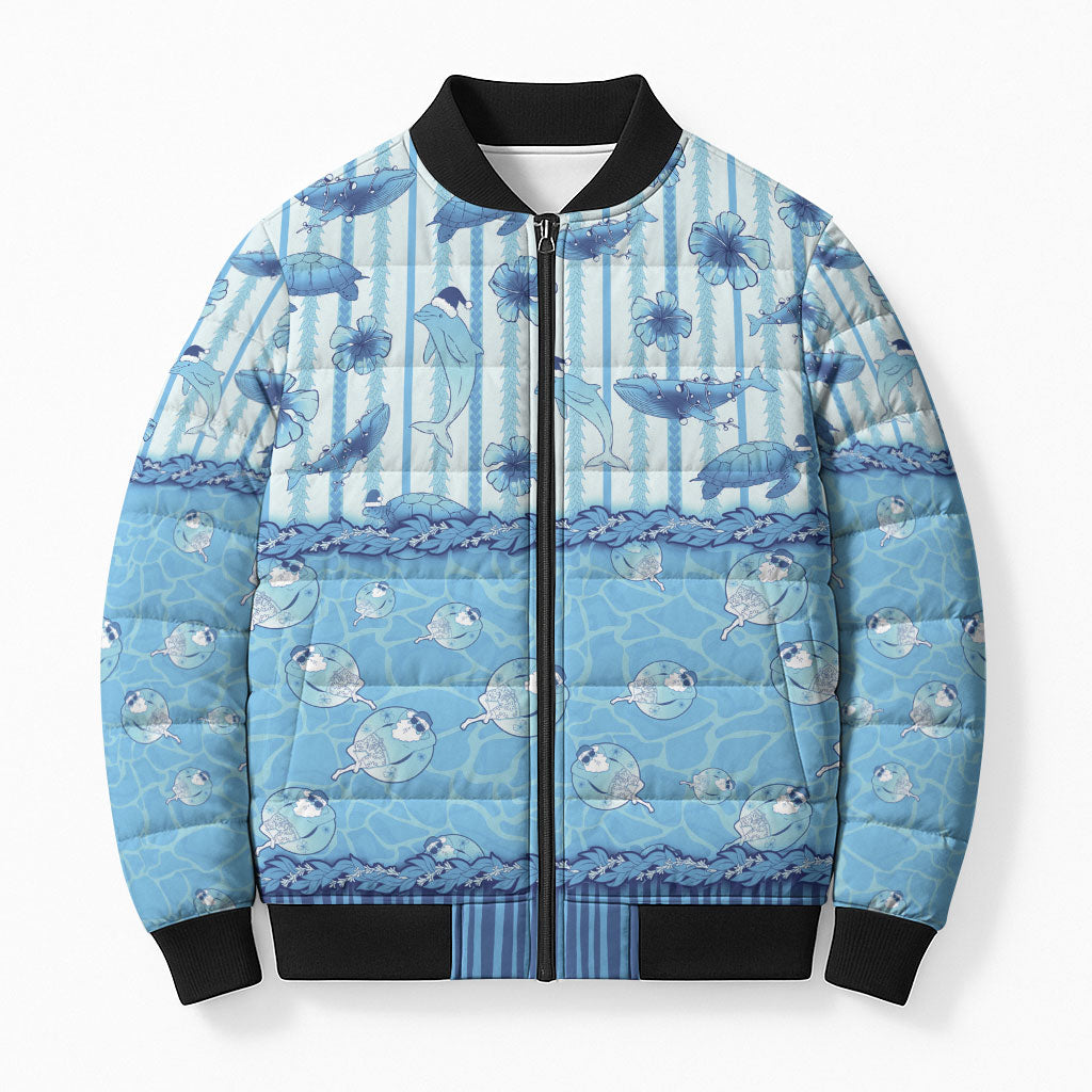 Hawaii Christmas In July Bomber Puffer Jacket Sky Blue Mele Kalikimaka Sea Animals DT05 Unisex Blue - Polynesian Pride