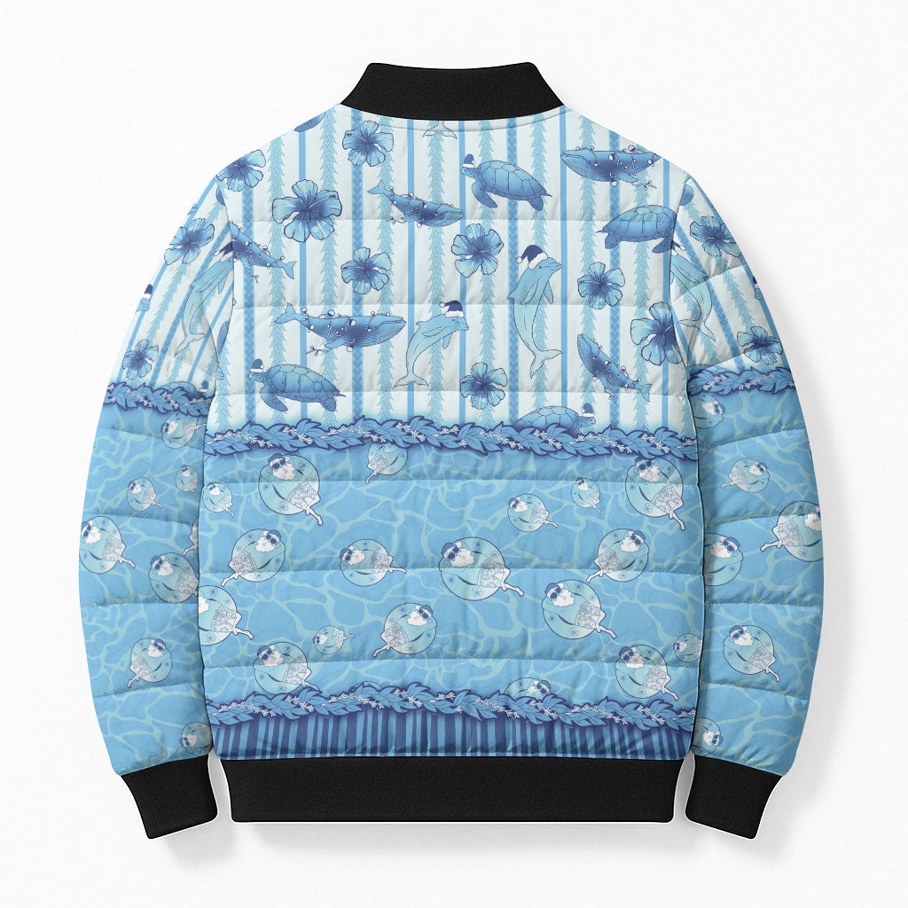 Hawaii Christmas In July Bomber Puffer Jacket Sky Blue Mele Kalikimaka Sea Animals DT05 - Polynesian Pride