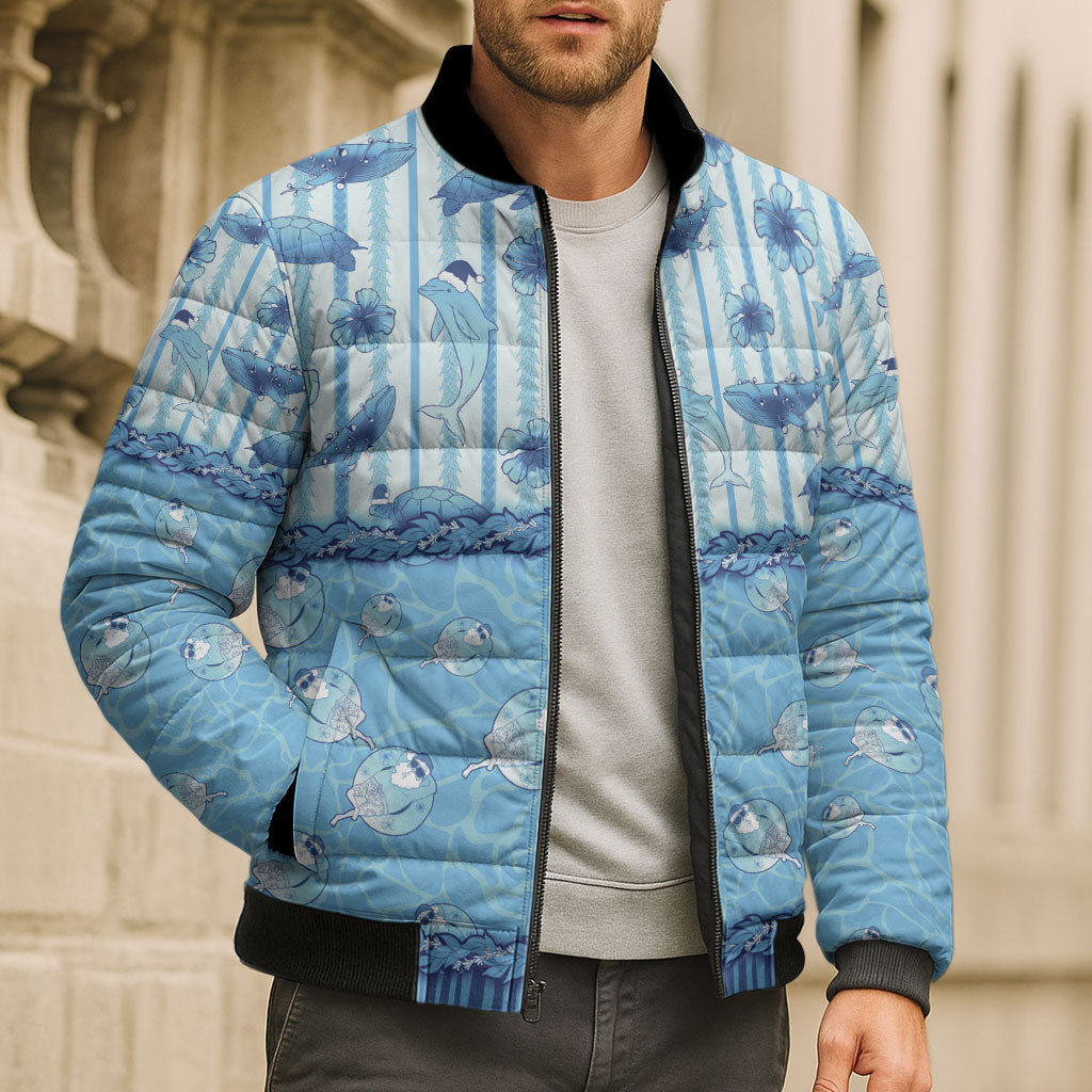 Hawaii Christmas In July Bomber Puffer Jacket Sky Blue Mele Kalikimaka Sea Animals DT05 - Polynesian Pride