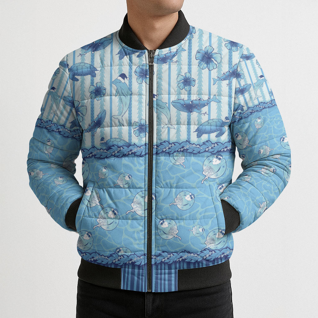 Hawaii Christmas In July Bomber Puffer Jacket Sky Blue Mele Kalikimaka Sea Animals DT05 - Polynesian Pride