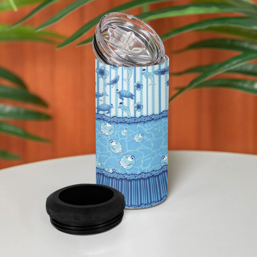 Hawaii Christmas In July 4 in 1 Can Cooler Tumbler Sky Blue Mele Kalikimaka Sea Animals