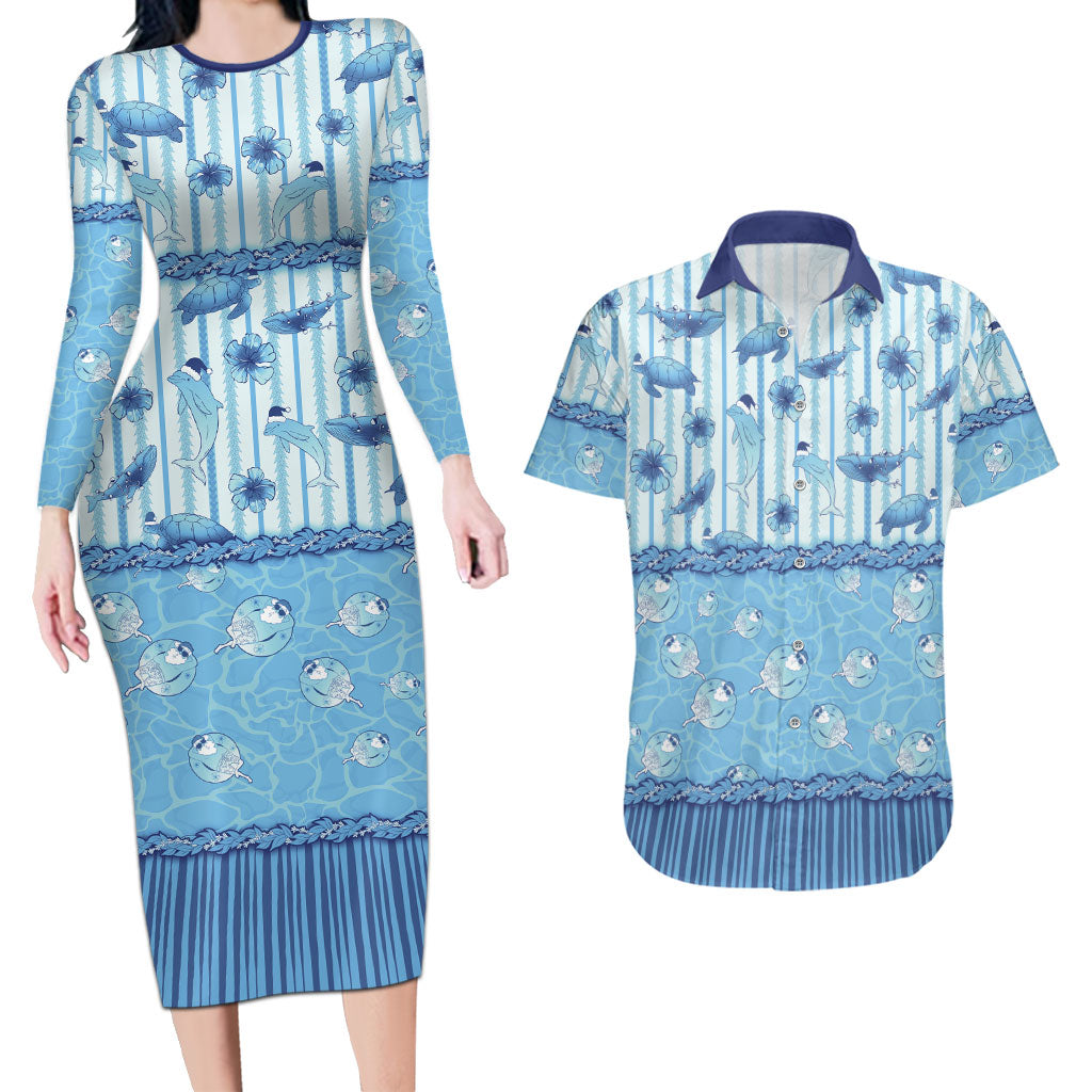 Hawaii Christmas In July Couples Matching Long Sleeve Bodycon Dress and Hawaiian Shirt Sky Blue Mele Kalikimaka Sea Animals DT05 Blue - Polynesian Pride