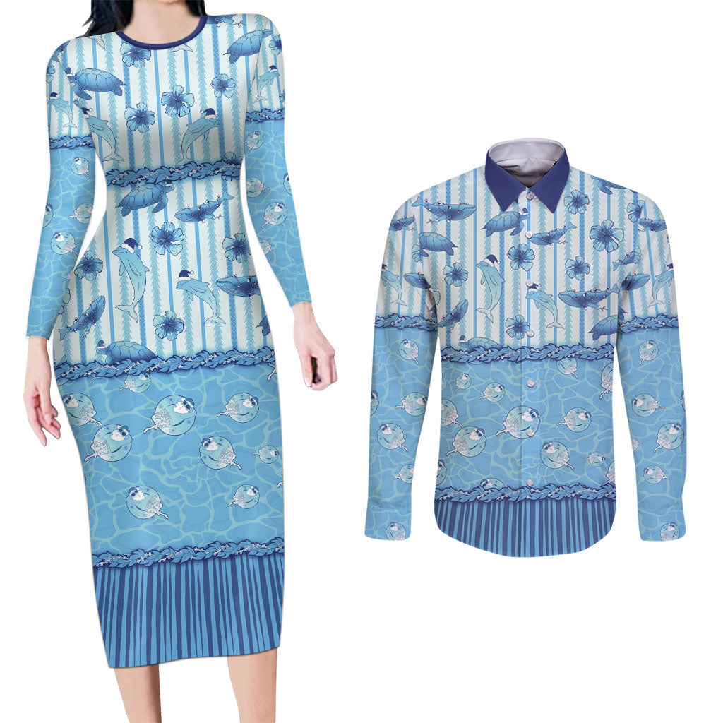 Hawaii Christmas In July Couples Matching Long Sleeve Bodycon Dress and Long Sleeve Button Shirt Sky Blue Mele Kalikimaka Sea Animals DT05 Blue - Polynesian Pride
