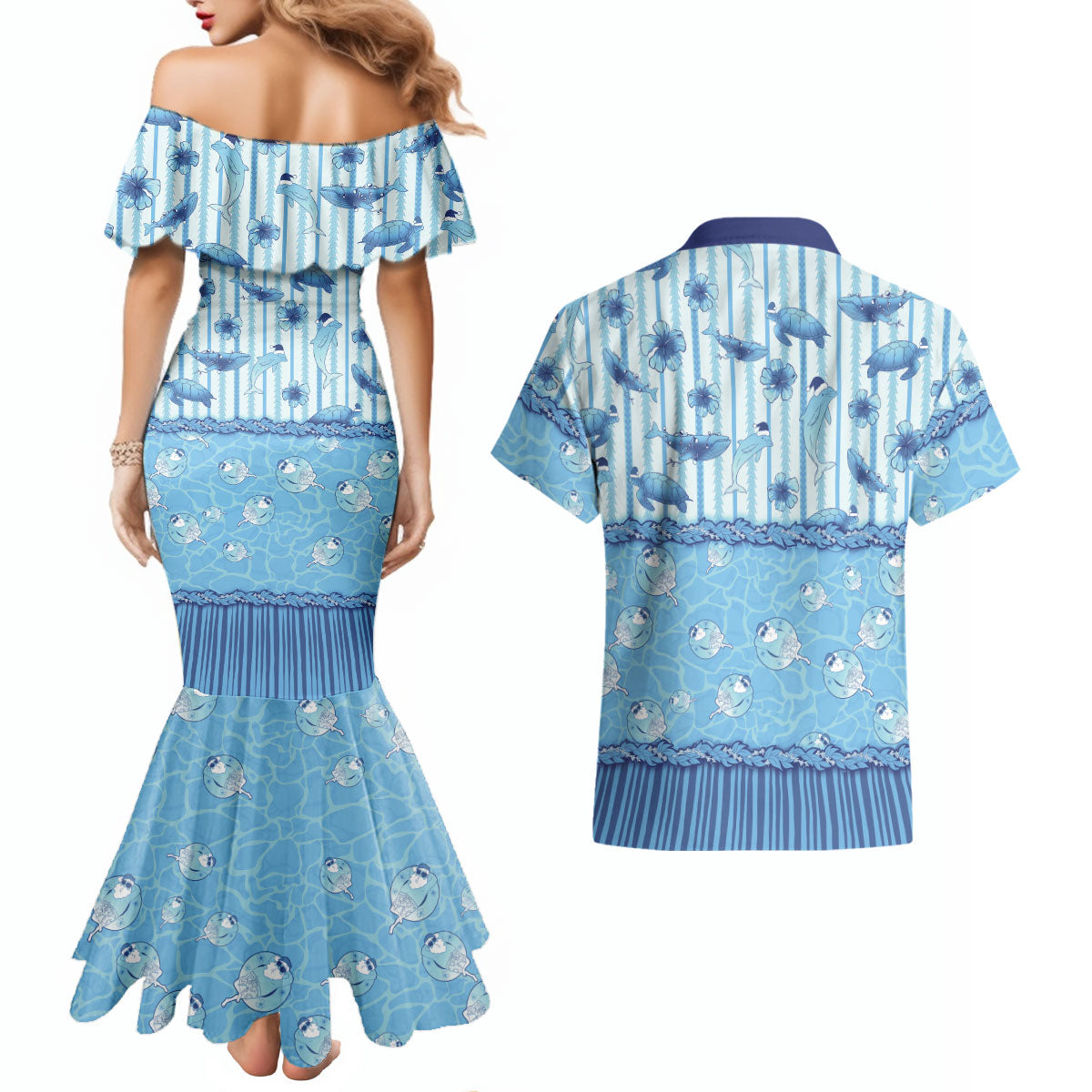 Hawaii Christmas In July Couples Matching Mermaid Dress and Hawaiian Shirt Sky Blue Mele Kalikimaka Sea Animals DT05 - Polynesian Pride